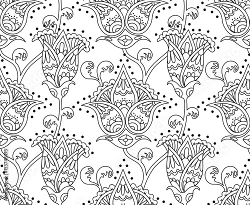Vintage floral seamless pattern. Ethnic ornament. Stylized decorative flowers in folk style. Traditional handcraft. Outline seamless texture. Vector illustration.