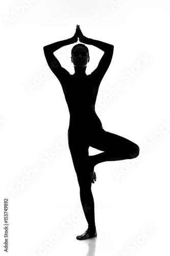 Yoga fan. Shot of a silhouette of a slim sporty female practicing tree yoga pose © Nestor