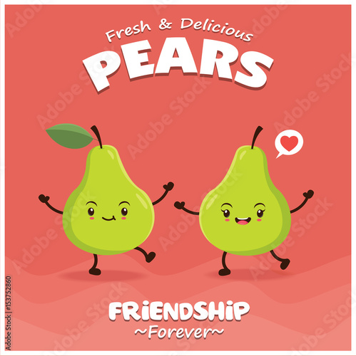 Vintage fruit poster design with vector pears character.