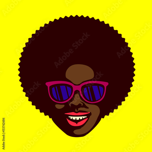 Smiling groovy cool dude face, black man with afro hair and stylish sunglasses vector illustration