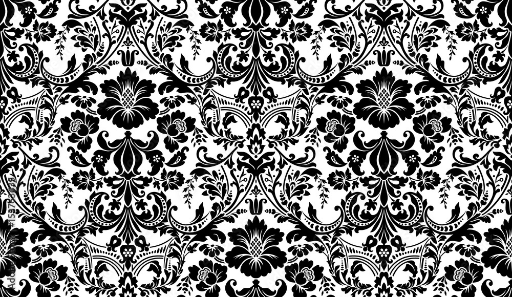 Vector seamless damask pattern. Black and white image. Rich ornament, old Damascus style pattern for wallpapers, textile, Scrapbooking etc. - obrazy, fototapety, plakaty 