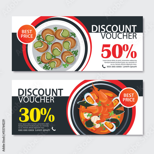 Discount voucher french food template design. Set of escargot, bouillabaisse