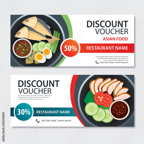 Discount voucher asian food template design. Thailand set