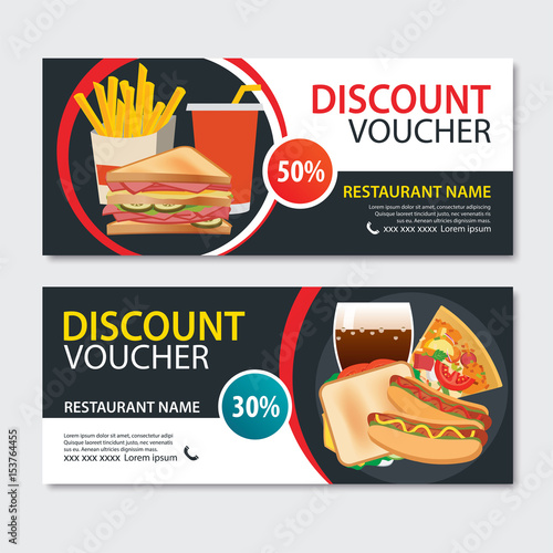 Discount voucher fast food template design. Set of pizza, sandwich, french fries, hot dog