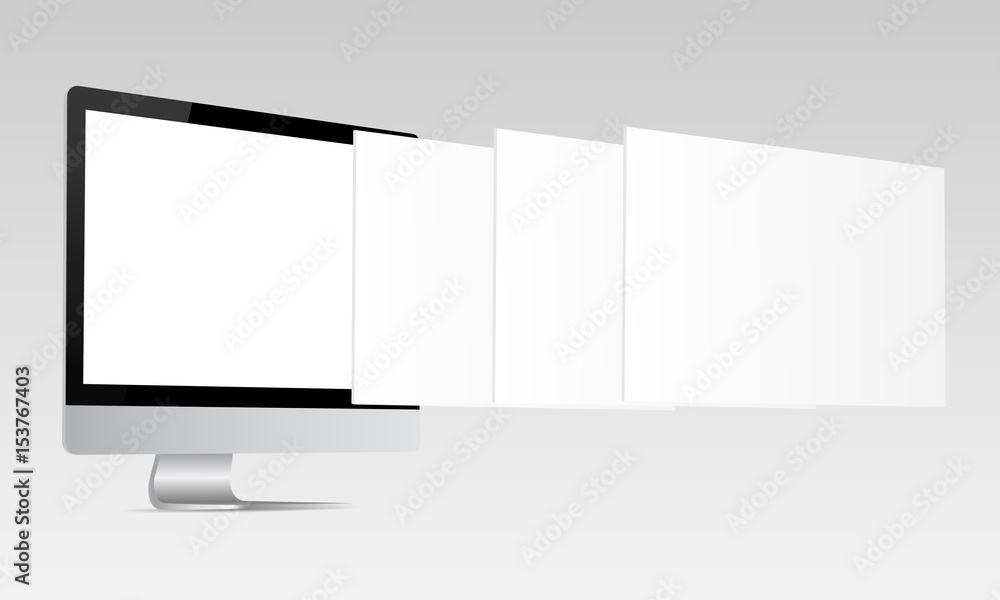Responsive screen mockup. Computer monitor with blank screen and blank framework web pages. Template for responsive web-design or showing screenshots. Vector illustration - obrazy, fototapety, plakaty 