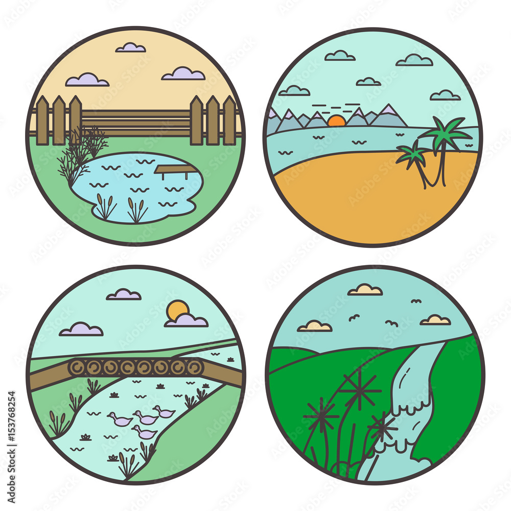 Landscape round design concept. Flat line nature view collection. World Environment Day. Landscape round design concept. Flat line nature view collection. World Environment Day.