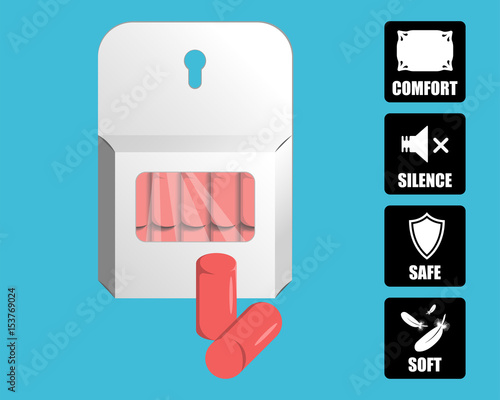 Earplugs vector illustration. Package of foam ear plugs with usage icons set. Isolated foam earplugs. 3D like simple style template elements for advertisement, safety posters, package design.