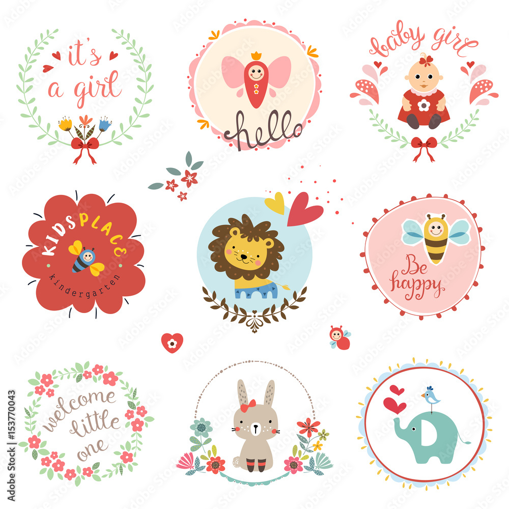 Kids elements, labels, frames, floral wreaths, baby girl, flowers, hearts, cartoon elephant, lion cub, cute rabbit, bee, bird, toys, and typographic design. Kids elements, labels, frames, floral wreaths, baby girl, flowers, hearts, cartoon elephant, lion cub, cute rabbit, bee, bird, toys, and typographic design.