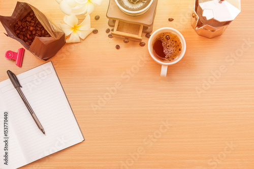 Fototapeta Naklejka Na Ścianę i Meble -  sunrise  top view of comfortable working place