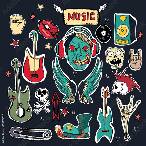 Zombies in headphones, rock and roll symbols. Srickers photo