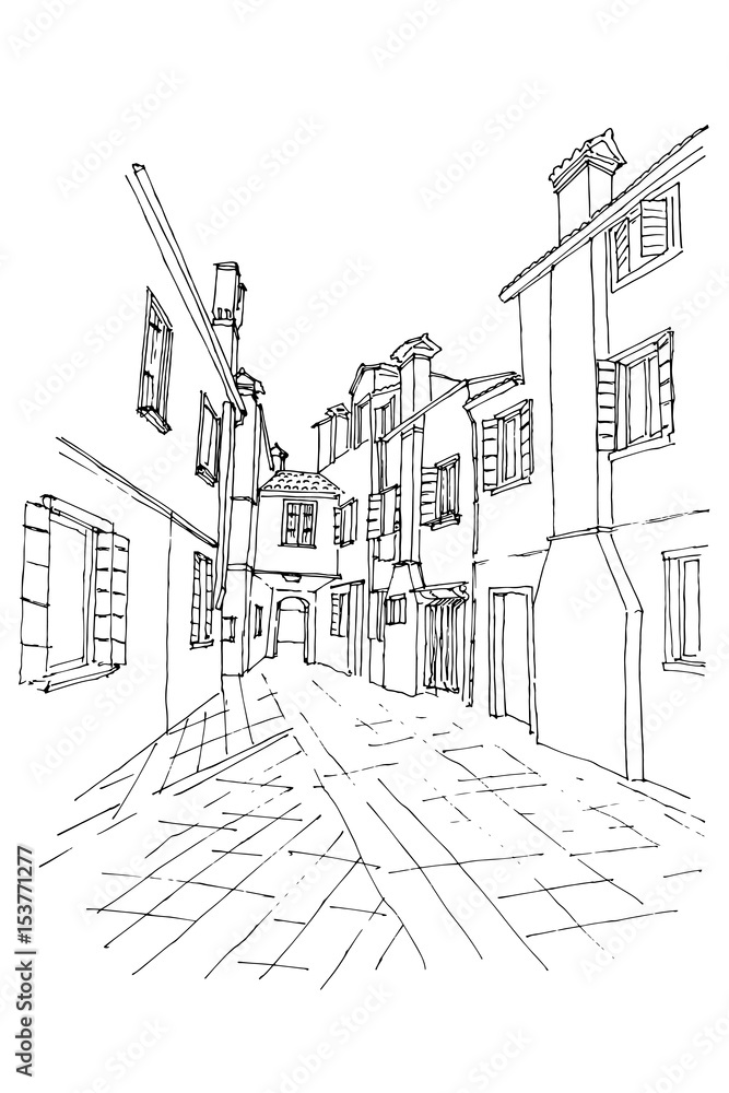Fototapeta premium Vector sketch of architecture of Burano island, Venice, Italy.