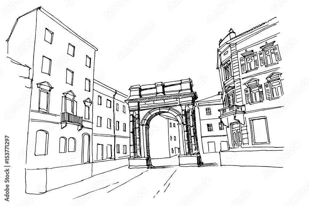 vector sketch of Arch of the Sergii (Golden gate) in Pula. Croatia