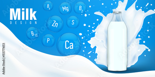 Milk flyer design vector illustration with milk splash and vitamin or mineral bubbles