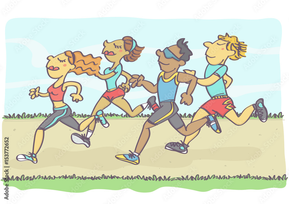 Vector cartoon illustration with group of people jogging