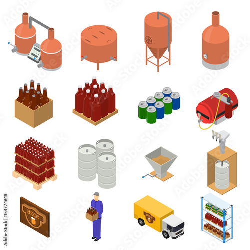 Equipment and Beer Production Set Isometric View. Vector