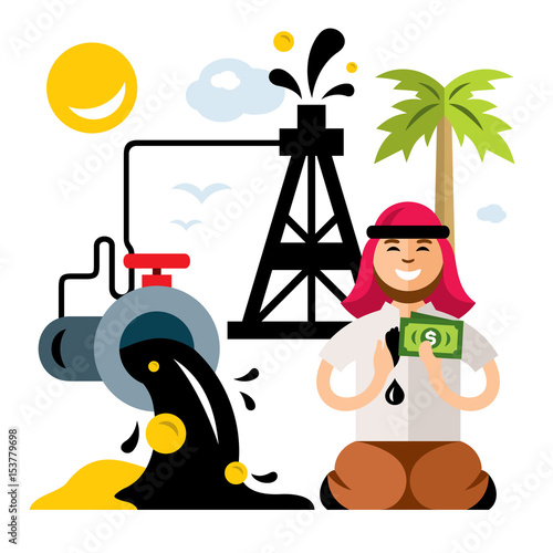 Vector Arab Petroleum Industry. Saudi oil wealth. Money from pipe. Flat style colorful Cartoon illustration.