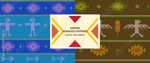 Knited boho vector pattern; knited seamless pattern with aztec arrows, eagles and feathers