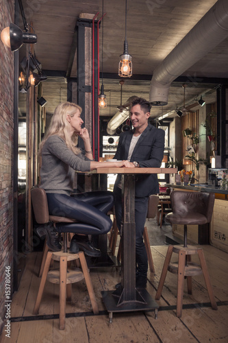 two people, woman man talking, coffee shop indoors © HD92