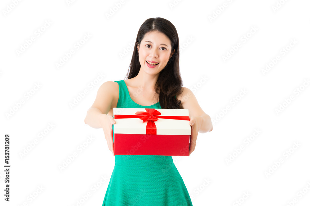 asian brunette woman gesturing giving gift box asian brunette woman gesturing giving gift box