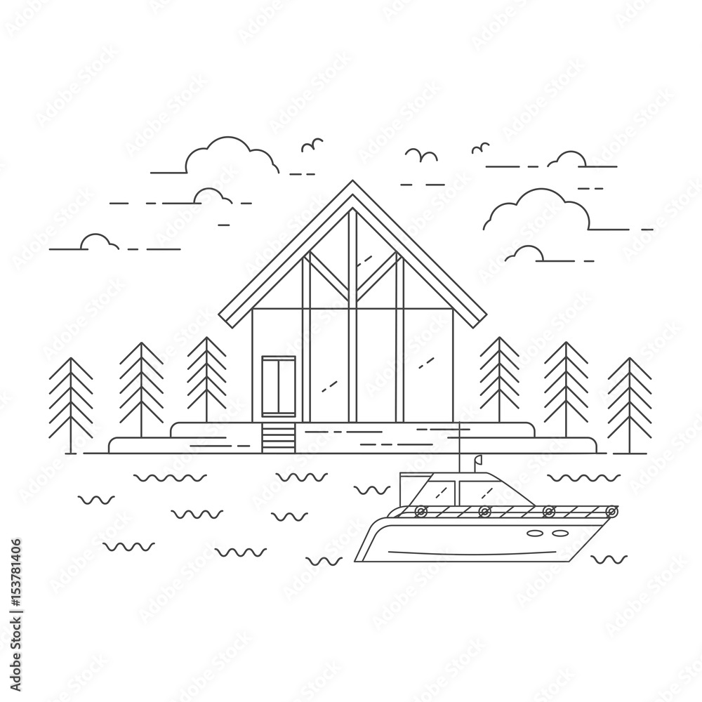 Flat line vector illustration including landscape, house, forest, yacht, sky. Rest house for rent.