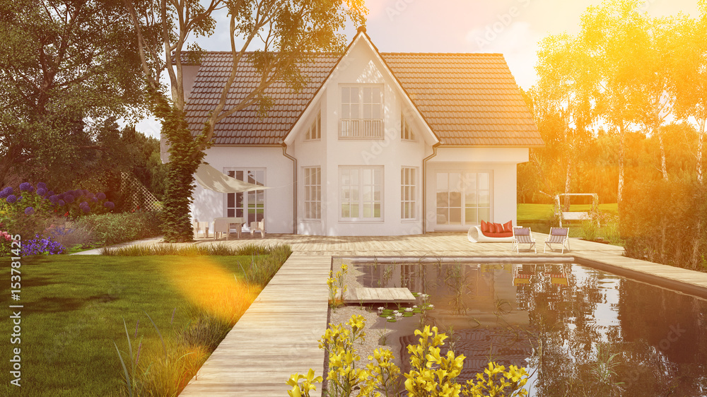 Haus mit Gartenteich im Sommer StockIllustration Adobe Stock