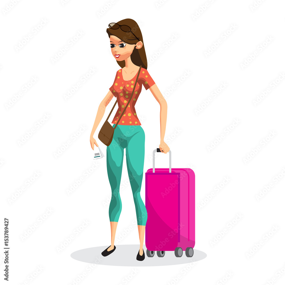 Young woman on vacation with a pink rolling suitcase. Girl touri Young woman on vacation with a pink rolling suitcase. Girl touri