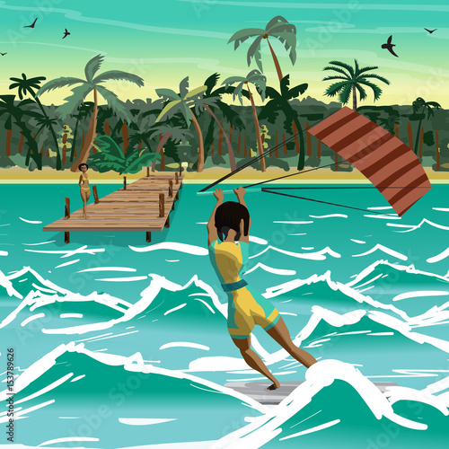 Afro woman drive at kite surfing. Back view. Girl windsurfing on