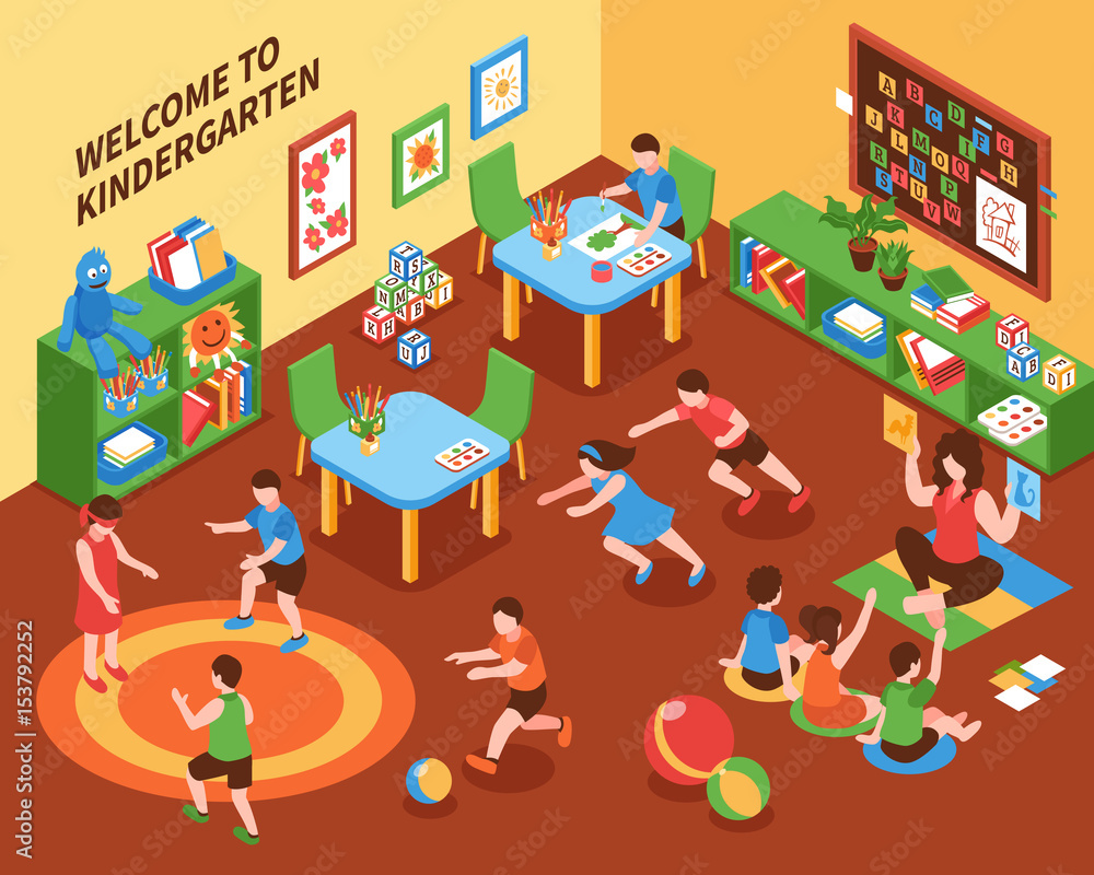 Naklejka premium Kindergarten Interior Isometric Composition 