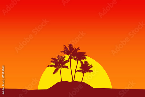 Tropical palm tree silhouette against sunset sky. 3d rendering