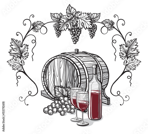 Vector sketch of grapes, wine glass, barrel on background for design
