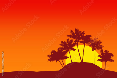 Tropical palm tree silhouette against sunset sky. 3d rendering