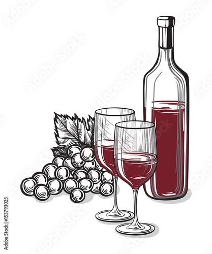 Vector sketch of grapes, wine glass on background for design