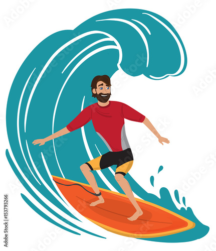 vector surfer character in wetsuit with surfboard standing and riding on ocean wave.