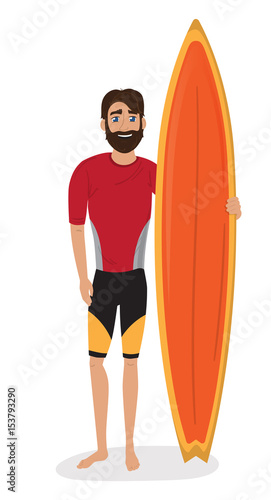 vector surfer character in wetsuit with surfboard standing and riding on ocean wave.