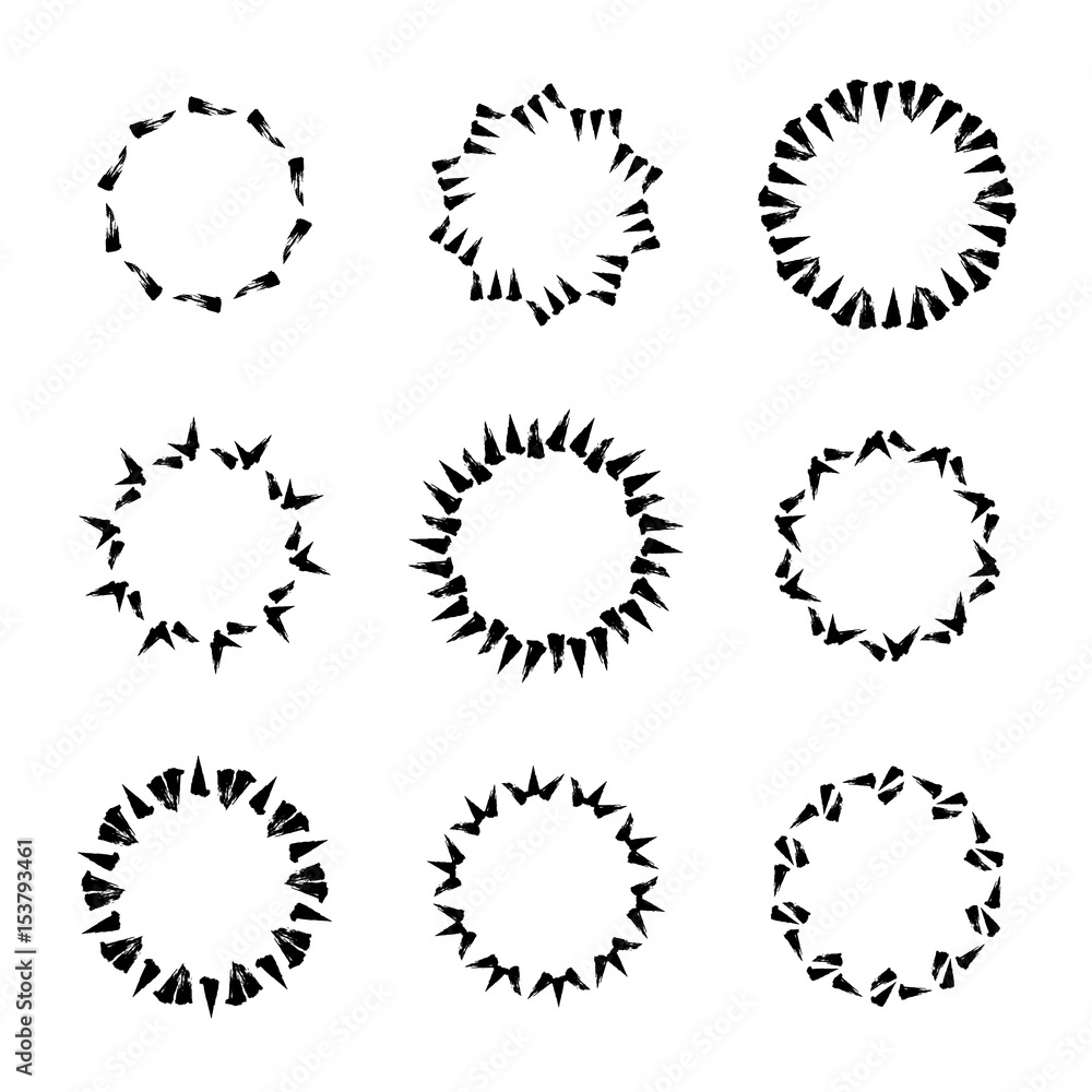 Set of hand drawn circle frames. Doodle round patterns with grunge brush strokes. Collection of vector black objects isolated on white background. Set of hand drawn circle frames. Doodle round patterns with grunge brush strokes. Collection of vector black objects isolated on white background.