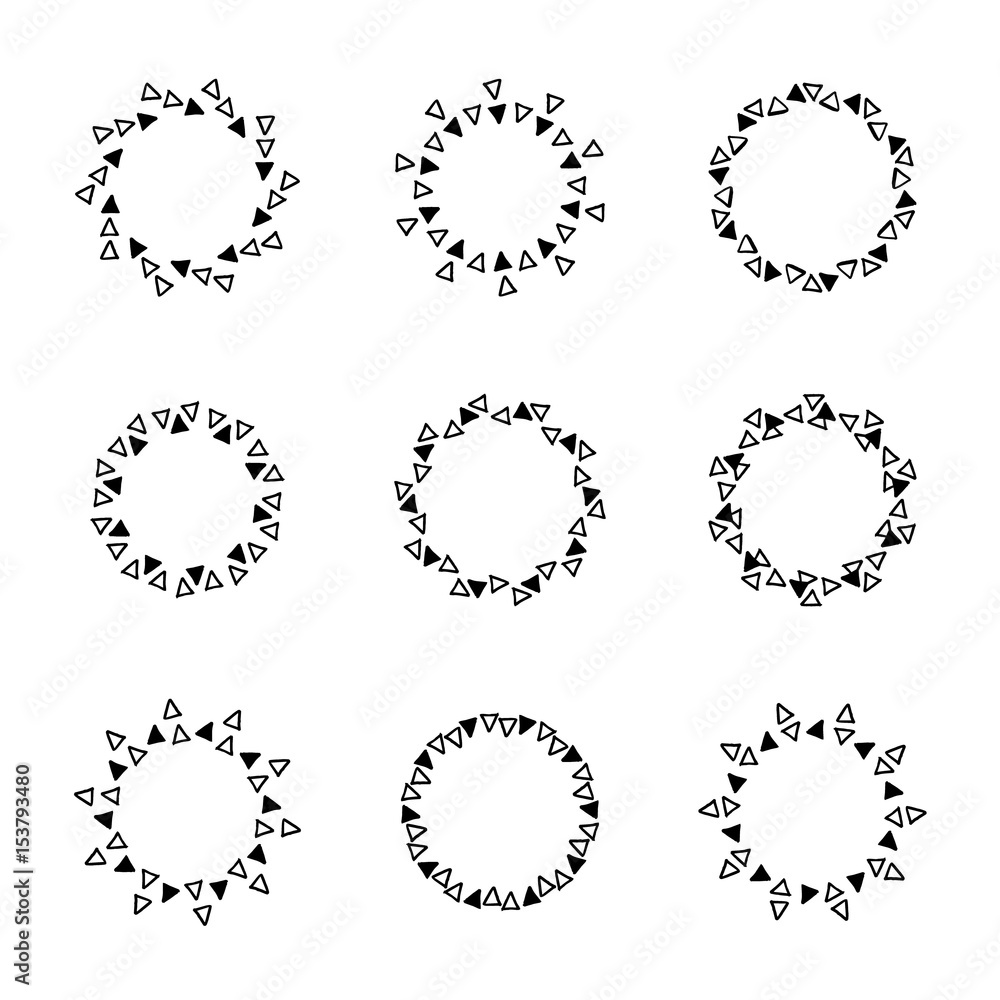 Obraz premium Set of hand drawn circle frames. Doodle round patterns with triangles. Collection of vector black objects isolated on white background.