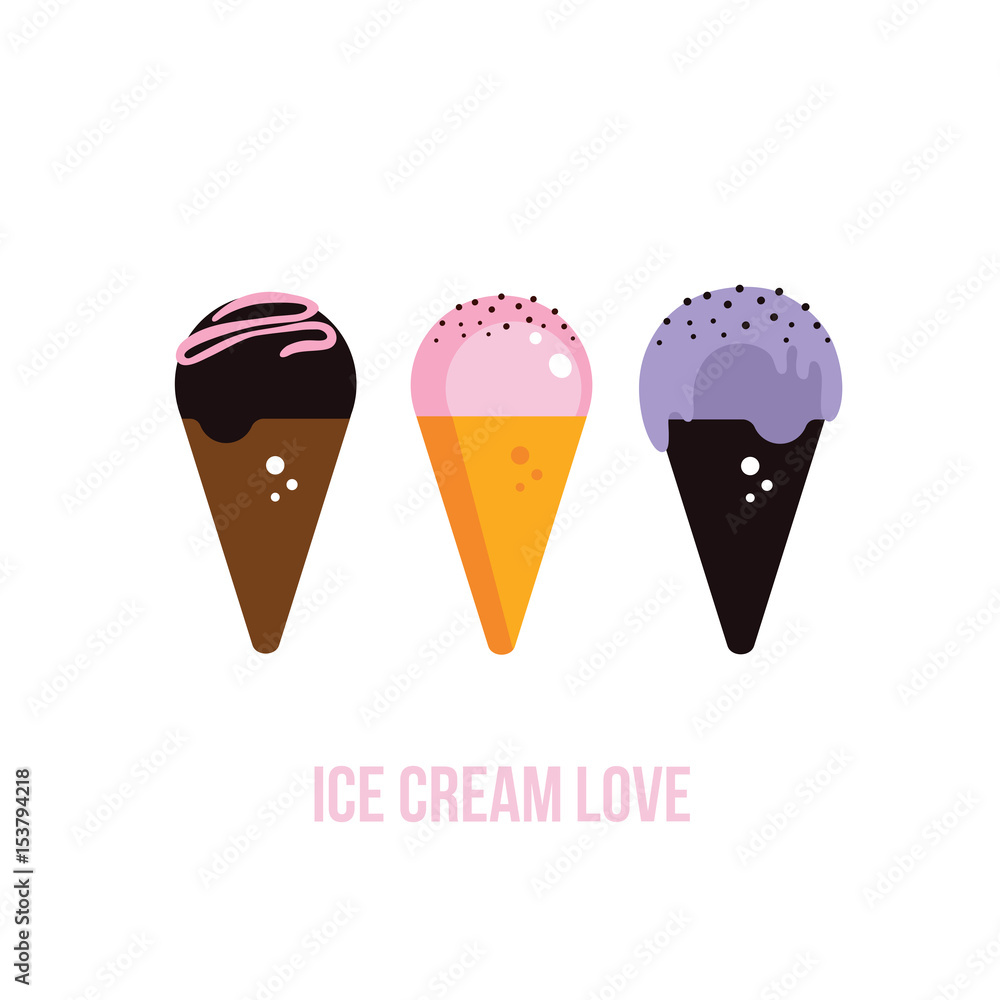 Cute ice cream cone collection Delicious dessert on white background