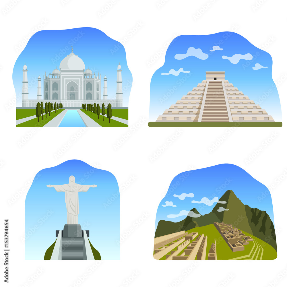 Famous wonders of the world: Taj Mahal, Chichen Itza, Christ the redeemer and Machu Picchu. Famous wonders of the world: Taj Mahal, Chichen Itza, Christ the redeemer and Machu Picchu.