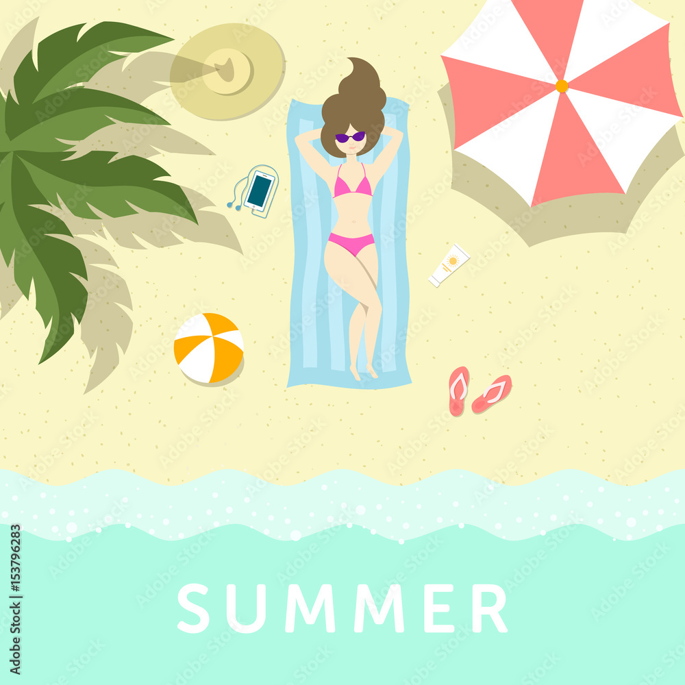 Girl having sunbathe on the sea shore under palm tree and umbrella.