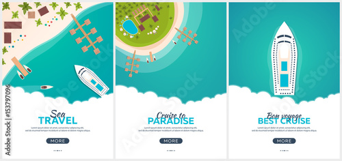 Summer travel banner. Sea travel. Summer time. Hello Summer. Cruise to paradise. Beach, sea and ship.