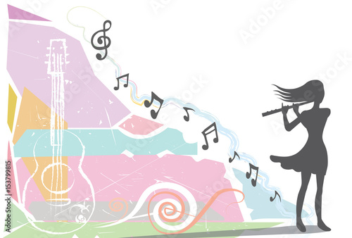 Musician playing a flute. Drawing of a woman playing a flute with music notes abstract background. Silhouette vector style. 