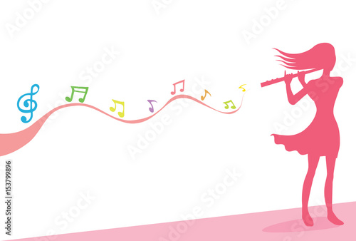 Musician playing a flute. Drawing of a woman playing a flute with music notes background. Silhouette vector style.