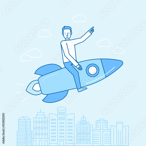 Vector illustration and infographic design in flat linear style - happy man sitting on a rocket