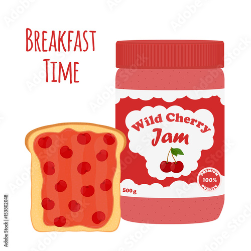 Cherry jam in glass jar, toast with jelly. Flat style