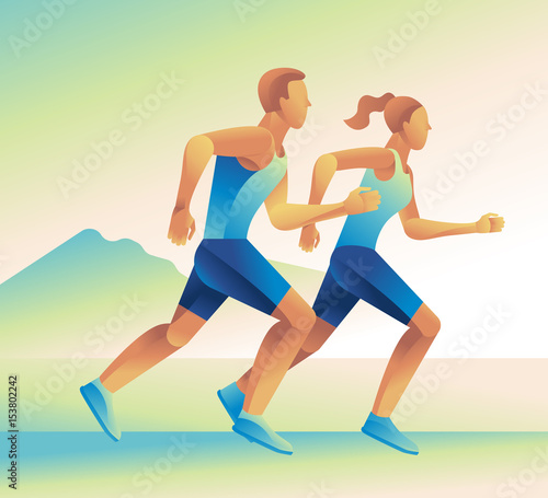 Vector illustration and infographic design in flat gradient style - man and woman running marathon