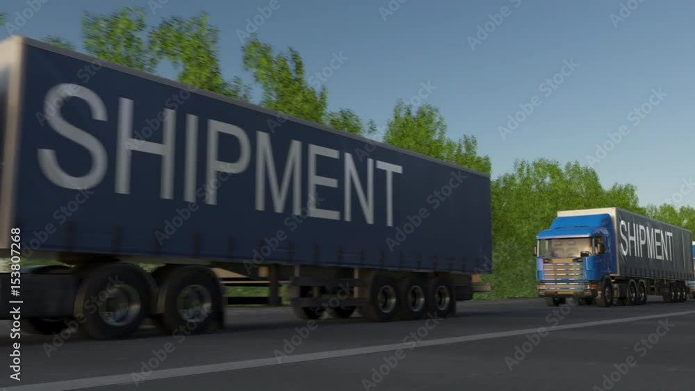 Speeding freight semi trucks with SHIPMENT caption on the trailer. Road cargo transportation. Seamless loop 4K clip Speeding freight semi trucks with SHIPMENT caption on the trailer. Road cargo transportation. Seamless loop 4K clip