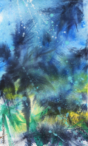 Watercolor night exotic landscape. Painting tropical palm background with stars. Hand drawn abstract illustration © Cincinart