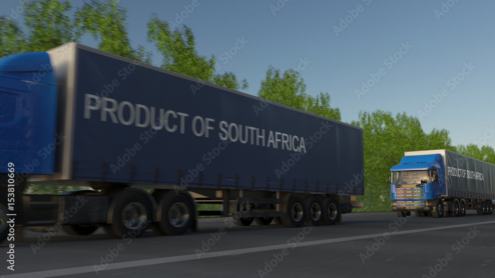 Moving freight semi trucks with PRODUCT OF SOUTH AFRICA caption on the trailer. Road cargo transportation. 3D rendering