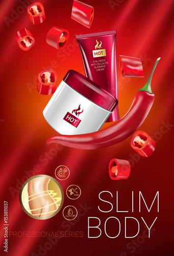 Body skin care series ads. Vector Illustration with chili pepper body slimming firming cream tube and container