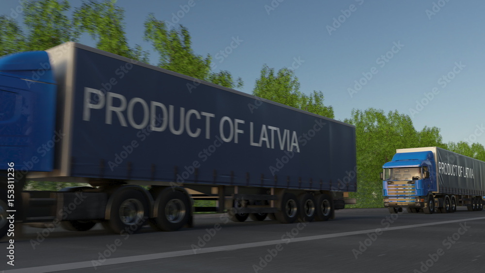 Moving freight semi trucks with PRODUCT OF LATVIA caption on the trailer. Road cargo transportation. 3D rendering